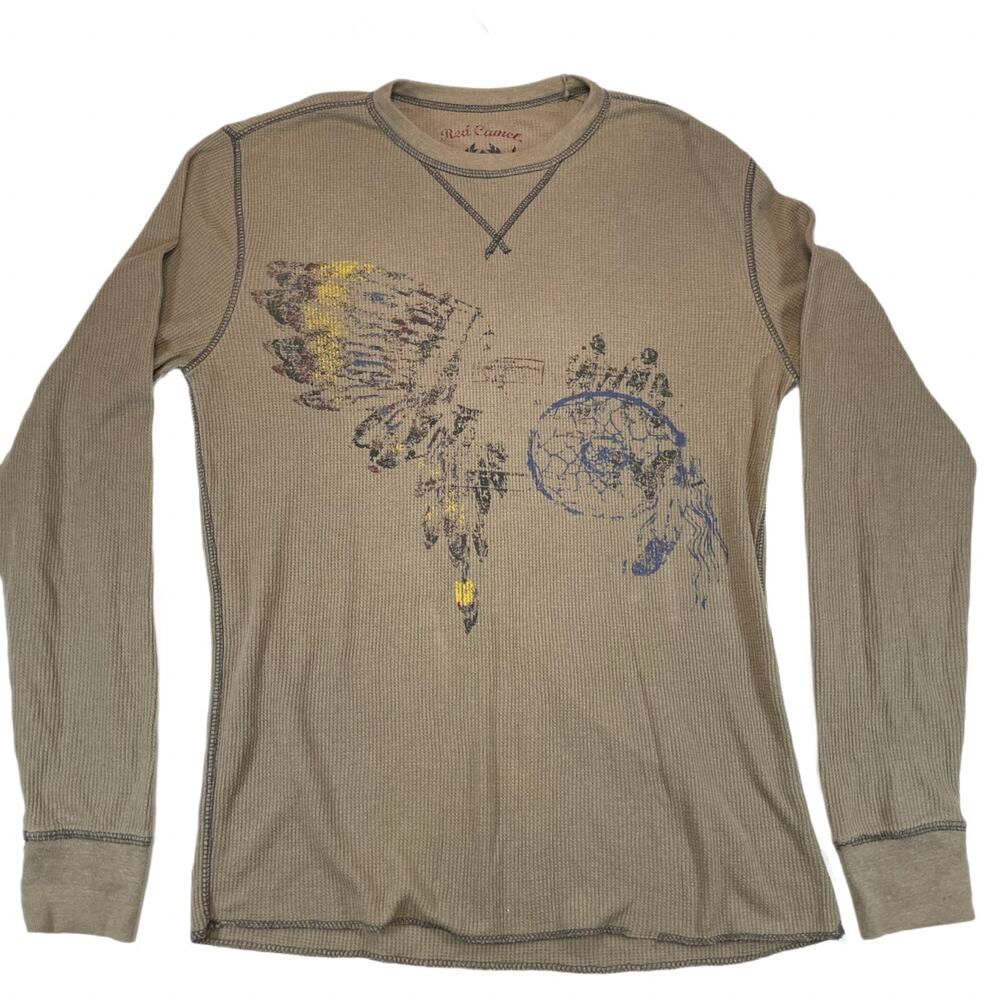 Red Camel Vintage Graphic Thermal Shirt Beige Tan Large Mens Long Sleeve